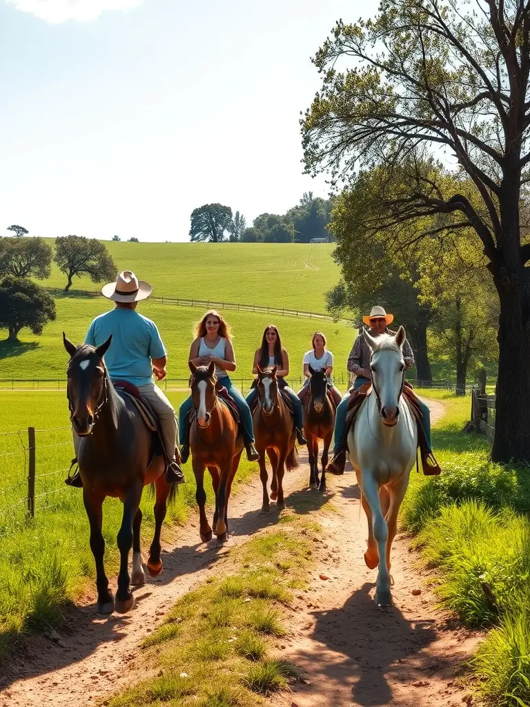 A group of riders on horseback, led by a guide, traversing a scenic trail in the French countryside, highlighting ACPEA's guided equestrian tours.