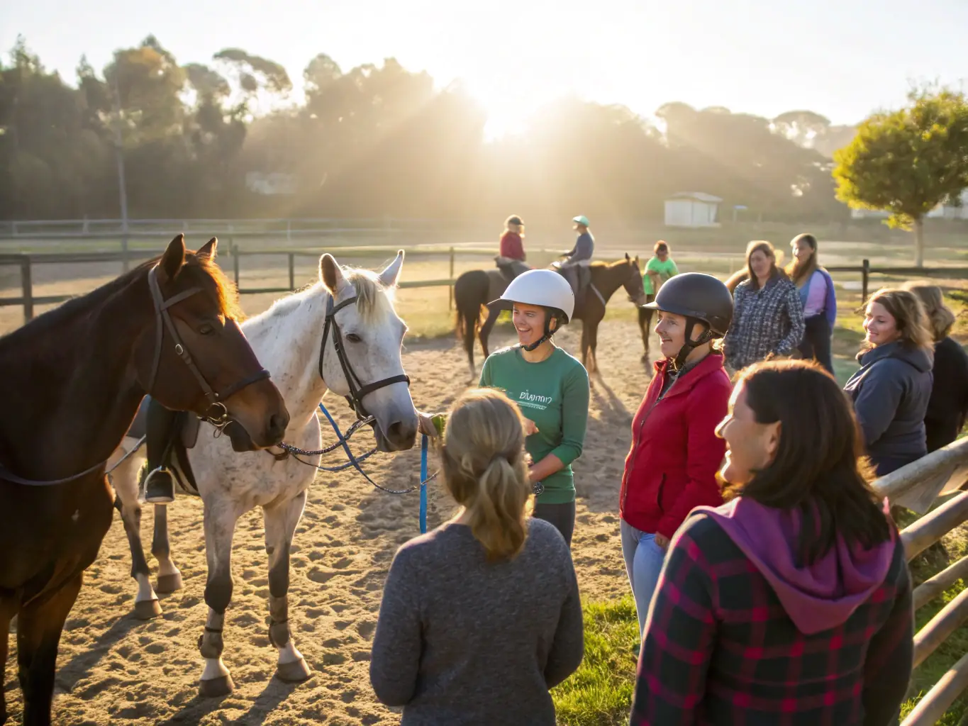 A diverse group of community members participating in a horsemanship workshop, learning grooming and handling techniques in a friendly outdoor setting.