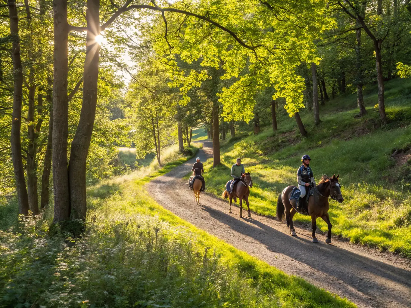 A group of riders on horseback enjoying a guided trail ride through lush countryside, with guides leading the way and riders of various ages and skill levels smiling and engaging with nature.