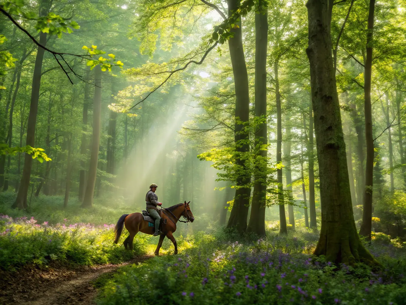 A rider on horseback traversing a well-maintained trail through a scenic forested area, with clear signage and a trail map visible nearby.