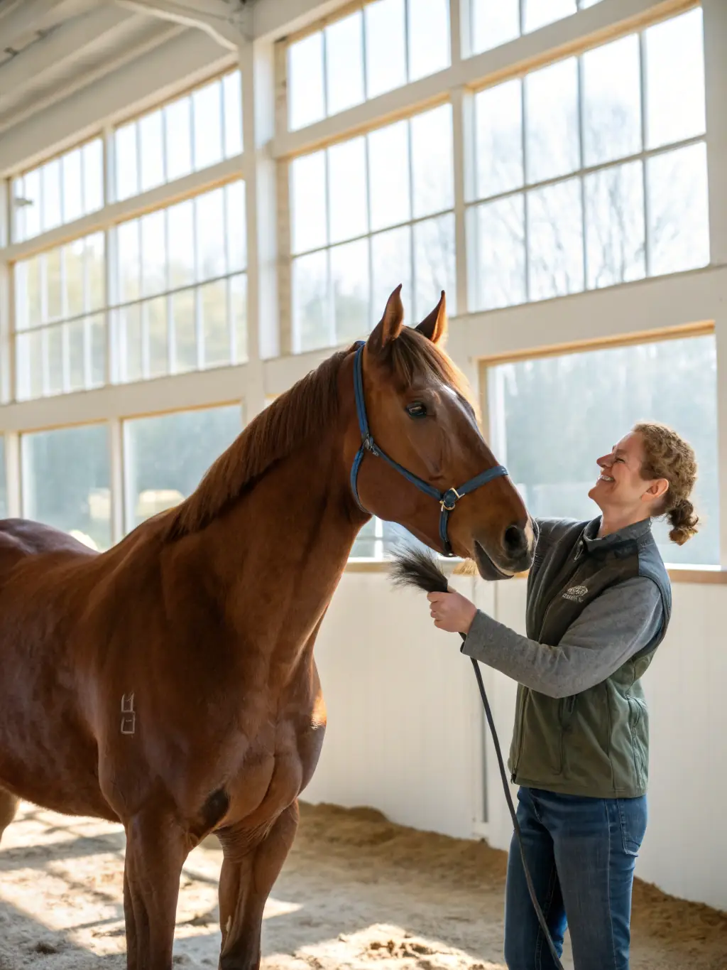 A close-up shot of a friendly ACPEA horse being groomed by a participant in a horsemanship program, showcasing the gentle interaction and care involved.