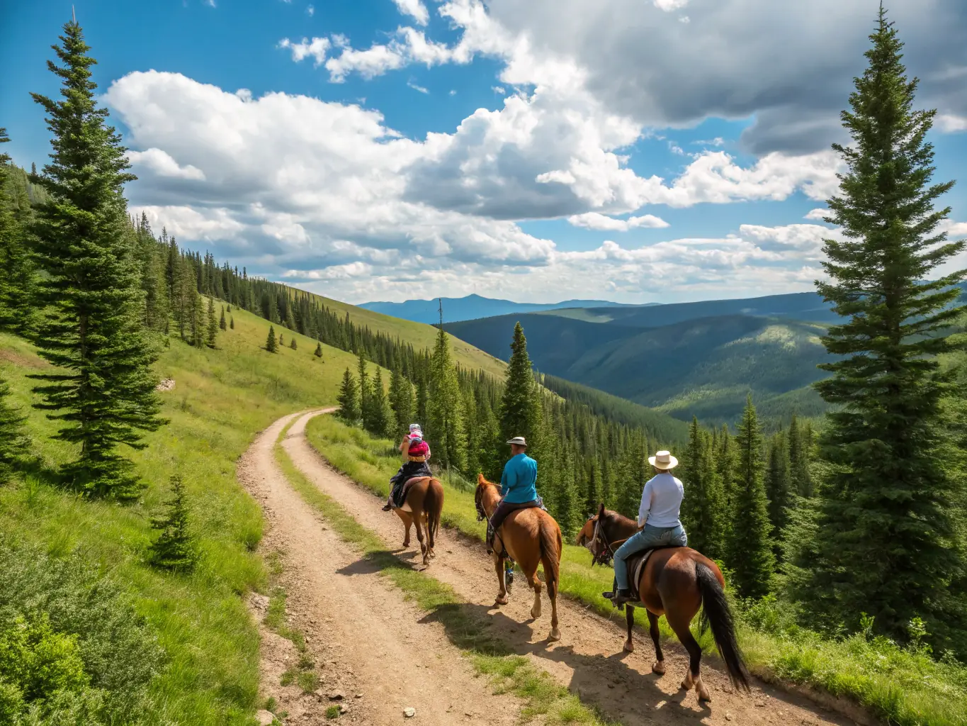 A scenic view of riders on horseback traversing a well-maintained trail through a lush forest, showcasing ACPEA's commitment to providing safe and enjoyable equestrian experiences.